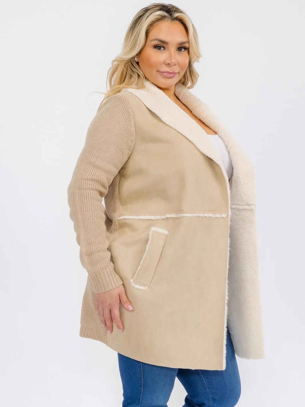 PLUS SIZE LONG SLEEVE OPEN FRONT POCKETS SHEPA COAT