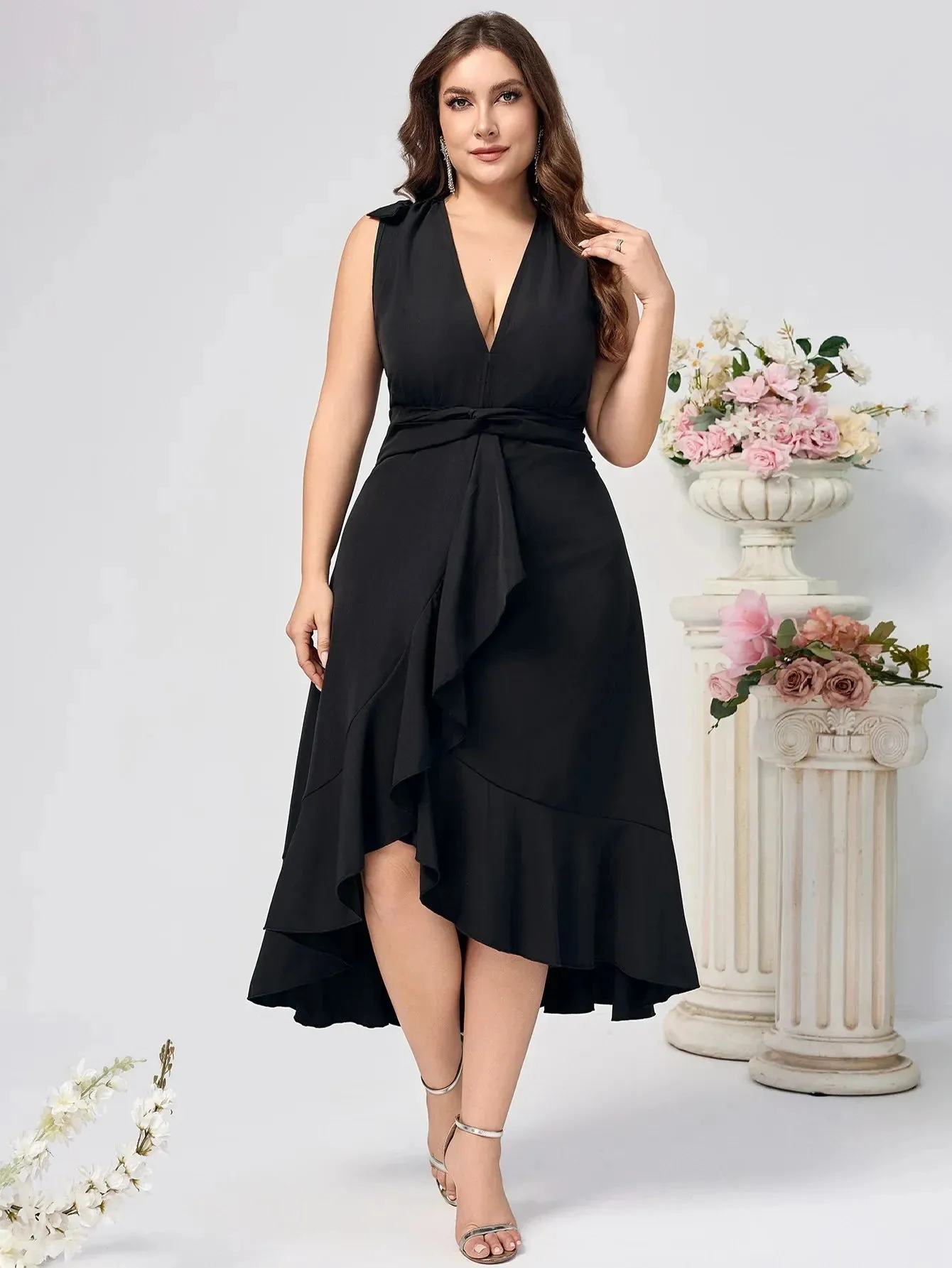 Plus Size Solid Color Long Dress Sexy V-Neck