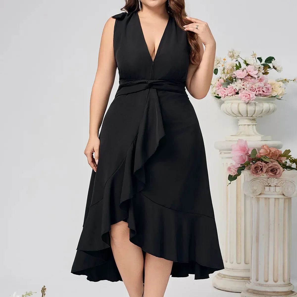Plus Size Solid Color Long Dress Sexy V-Neck
