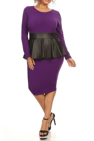 Plus Size Solid Knee Length Dress With Faux Leather Peplum