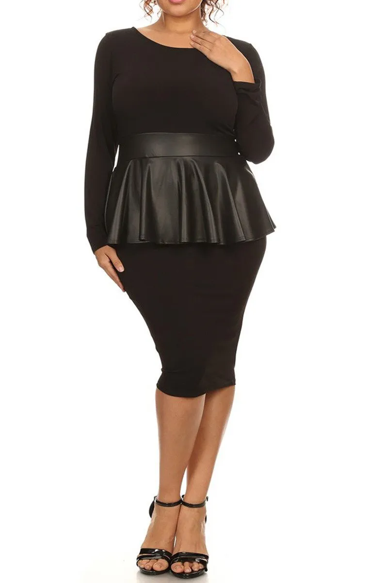 Plus Size Solid Knee Length Dress With Faux Leather Peplum