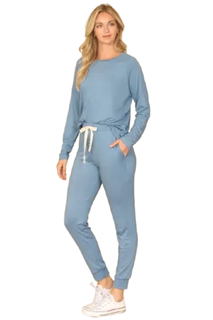 Plus Size Solid Long Sleeve Top and Joggers Set with Self Tie Coronet Blue - Pack of 6