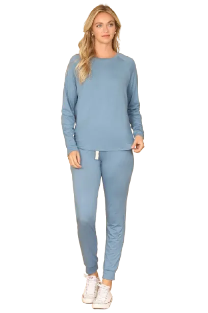 Plus Size Solid Long Sleeve Top and Joggers Set with Self Tie Coronet Blue - Pack of 6