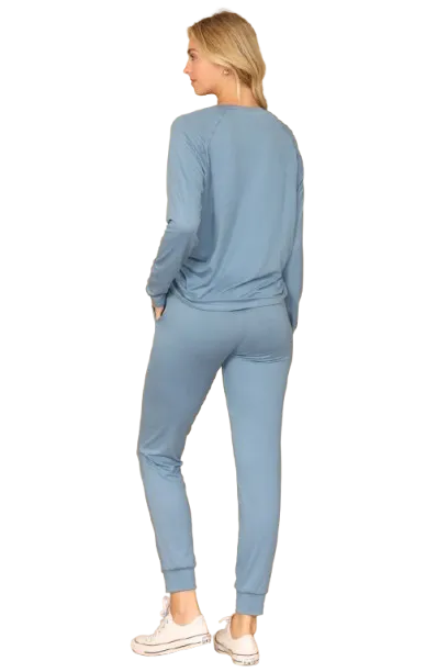 Plus Size Solid Long Sleeve Top and Joggers Set with Self Tie Coronet Blue - Pack of 6