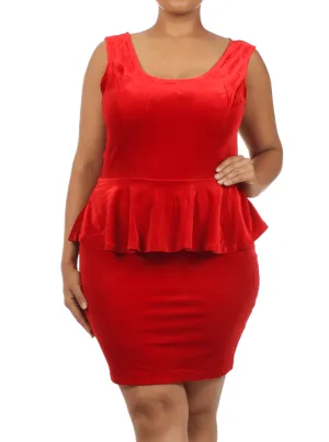 Plus Size Velvet Bow Back Red Peplum Dress