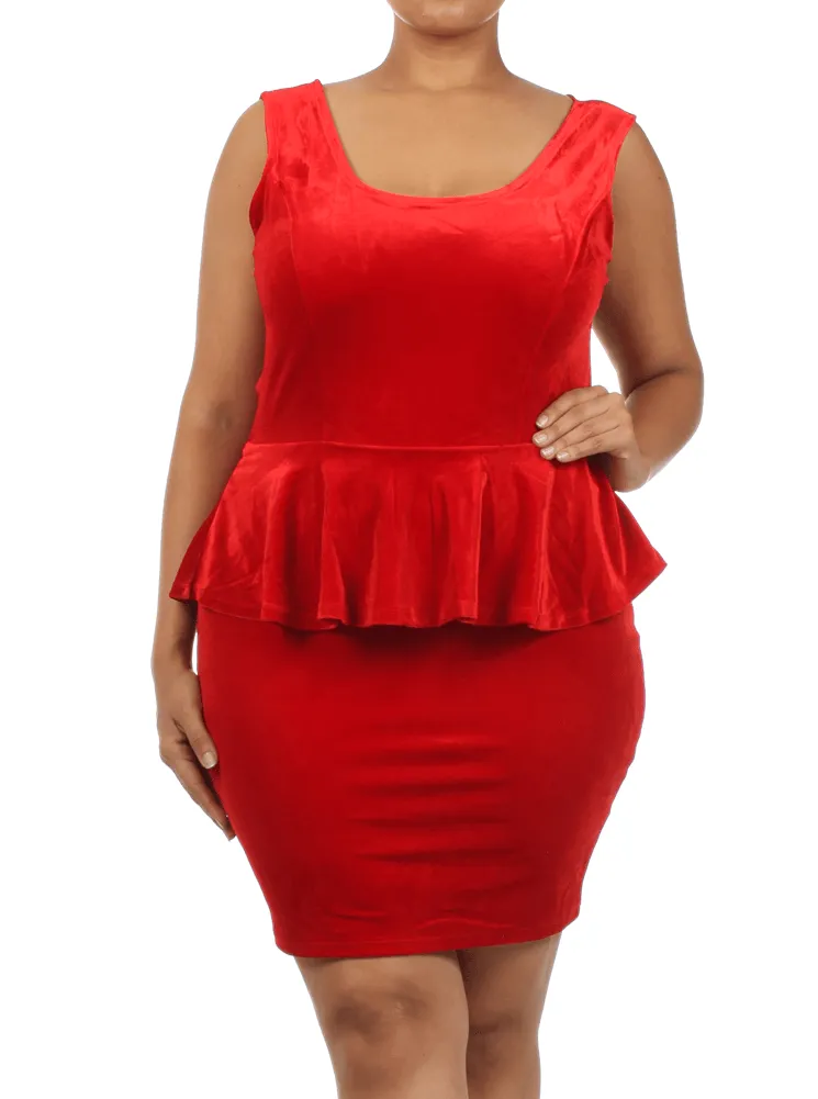 Plus Size Velvet Bow Back Red Peplum Dress