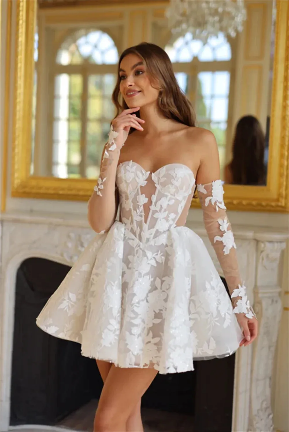 Popular Detachable Full Sleeves Sweetheart Full lace Applique Bridal Grown Short Wedding Dresses Custom Made Formal 2025 Vestido