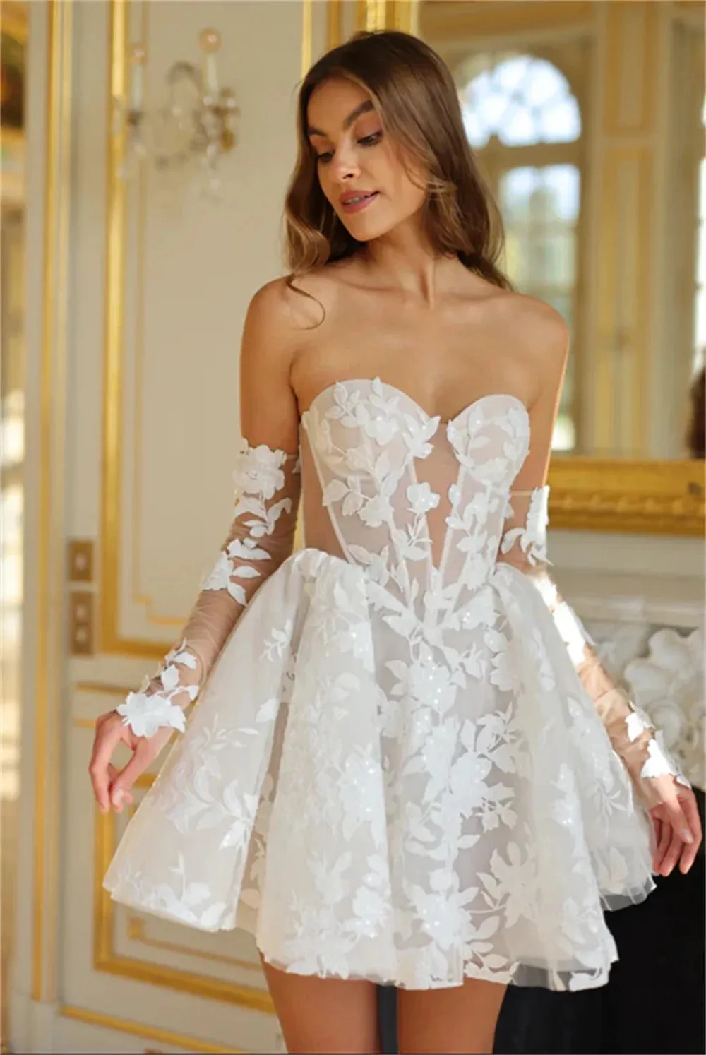 Popular Detachable Full Sleeves Sweetheart Full lace Applique Bridal Grown Short Wedding Dresses Custom Made Formal 2025 Vestido