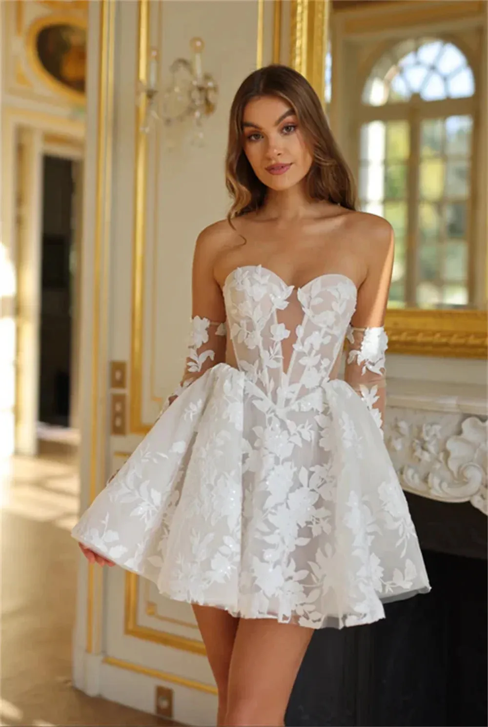 Popular Detachable Full Sleeves Sweetheart Full lace Applique Bridal Grown Short Wedding Dresses Custom Made Formal 2025 Vestido