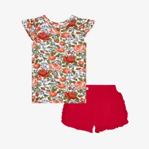 Posh Peanut Alma Henley Ruffled Capsleeve Top & Ruffled Varsity Short
