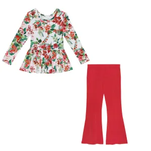 Posh Peanut Beatrix Long Sleeve Henley Peplum Top & Bell Bottom Set