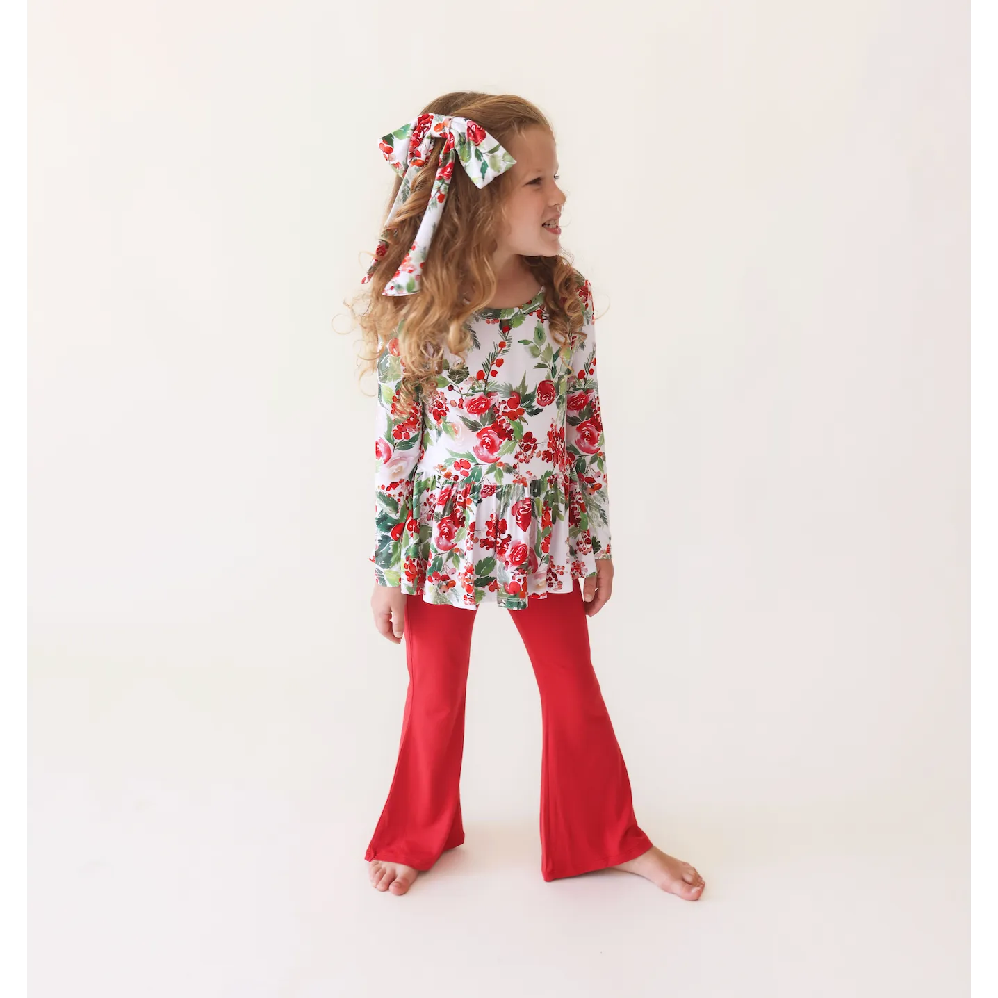 Posh Peanut Beatrix Long Sleeve Henley Peplum Top & Bell Bottom Set