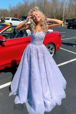 Pretty Lavender Lace Long Prom Dresses Appliqued Cross Back UK Formal Dress