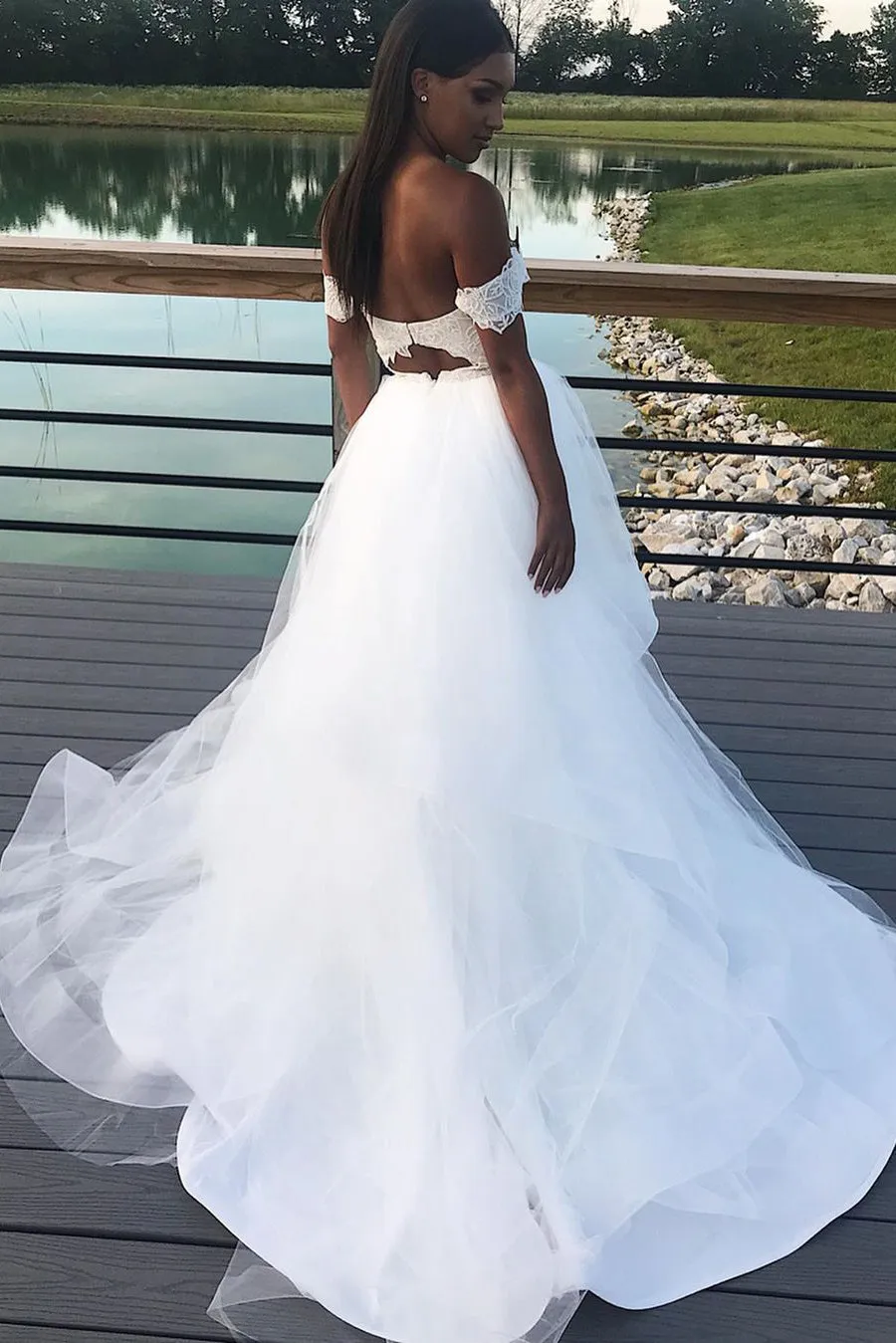 Princess Long A-line Off Shoulder White Bridal Gown with Lace Top