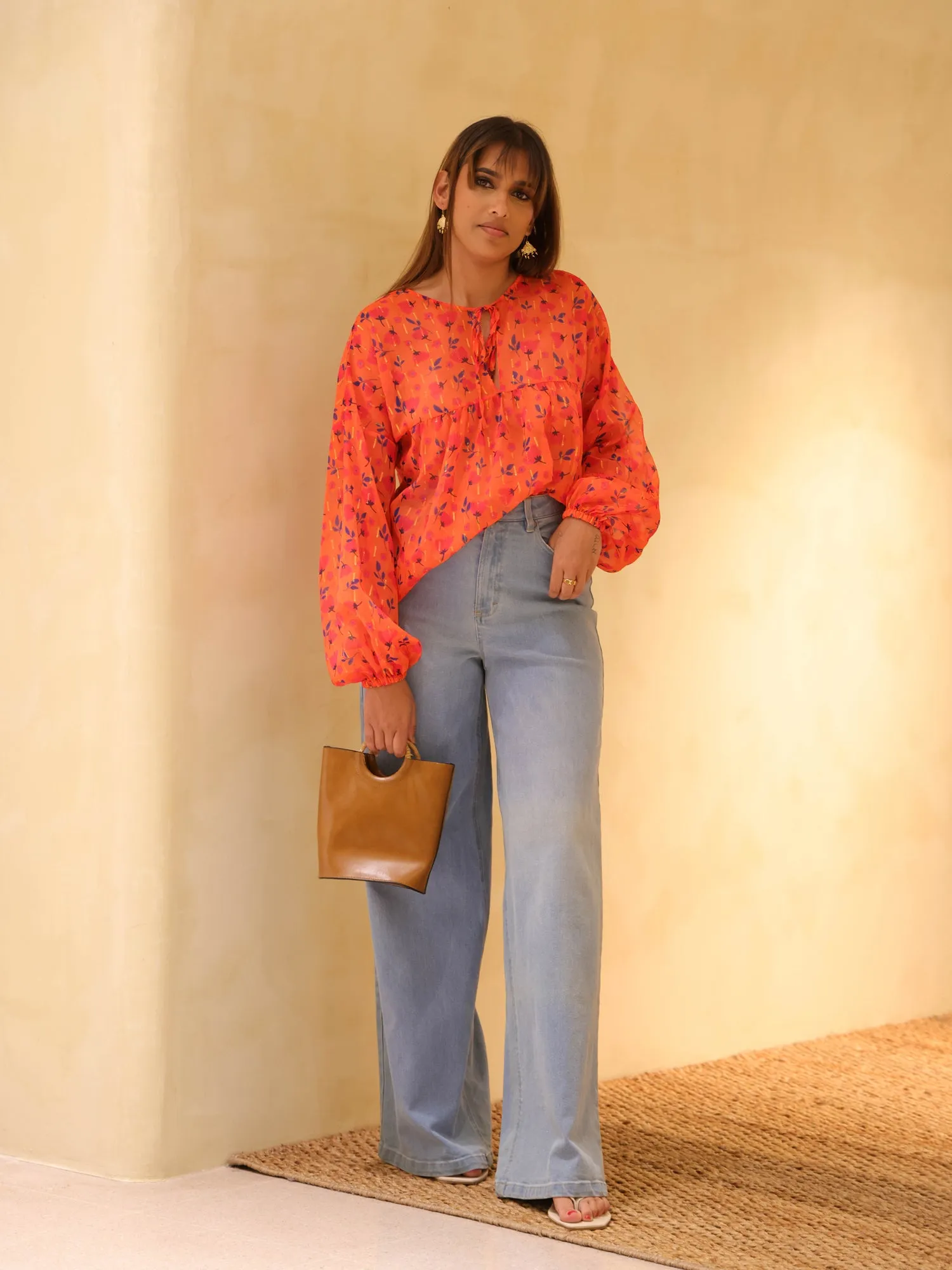 Printed Front Tie Up Long Sleeve Top