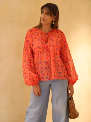 Printed Front Tie Up Long Sleeve Top