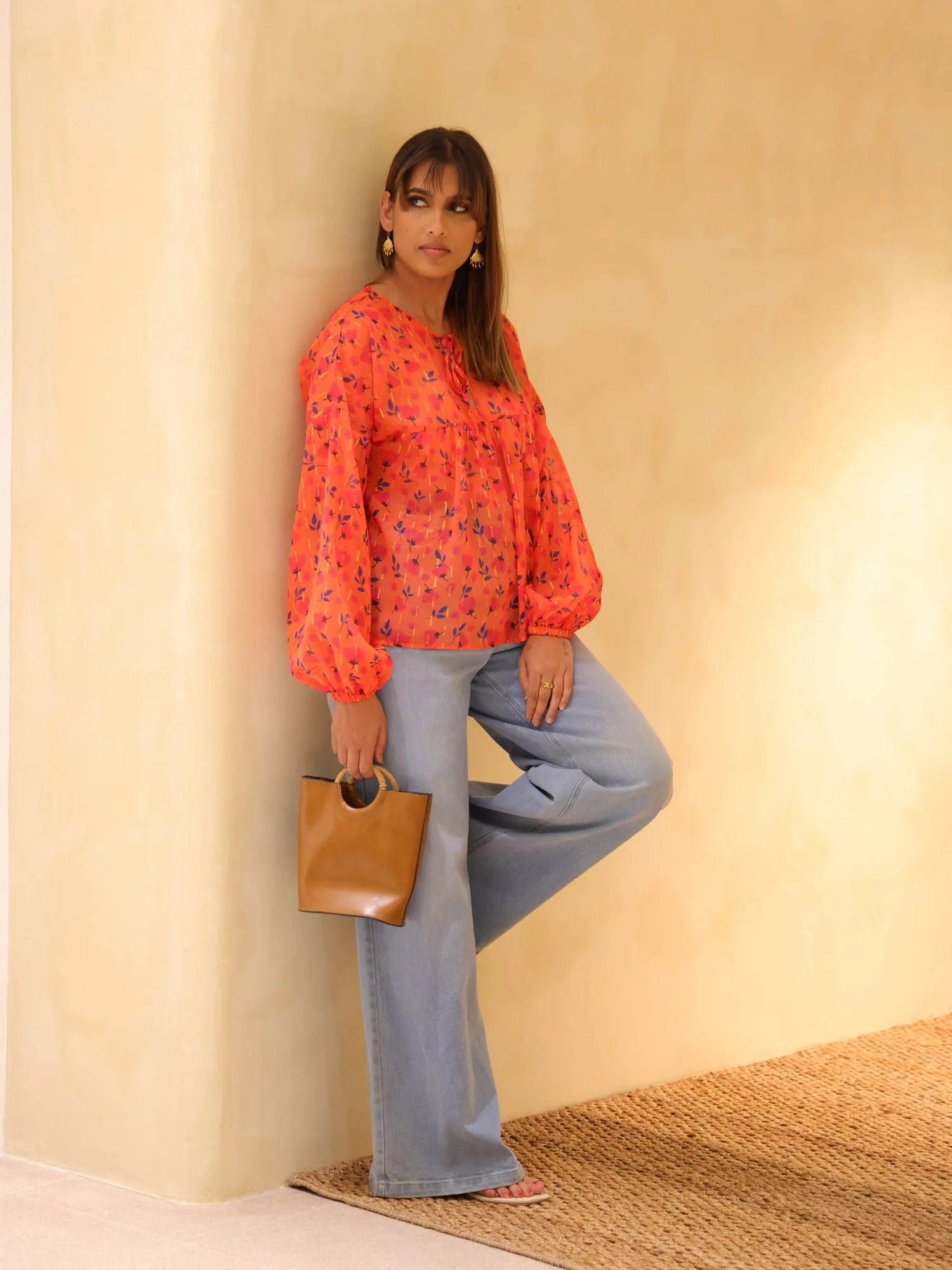 Printed Front Tie Up Long Sleeve Top