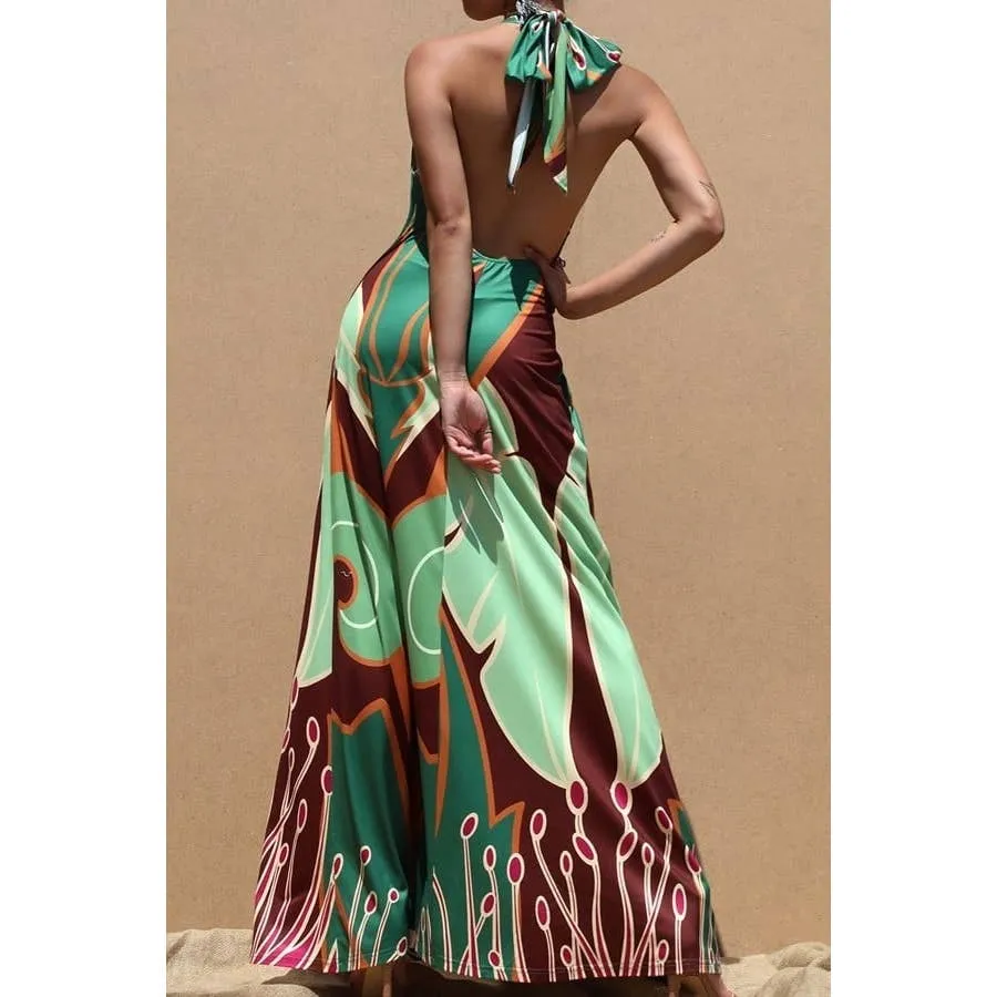 PRINTED HALTER KNIT MAXI DRESS