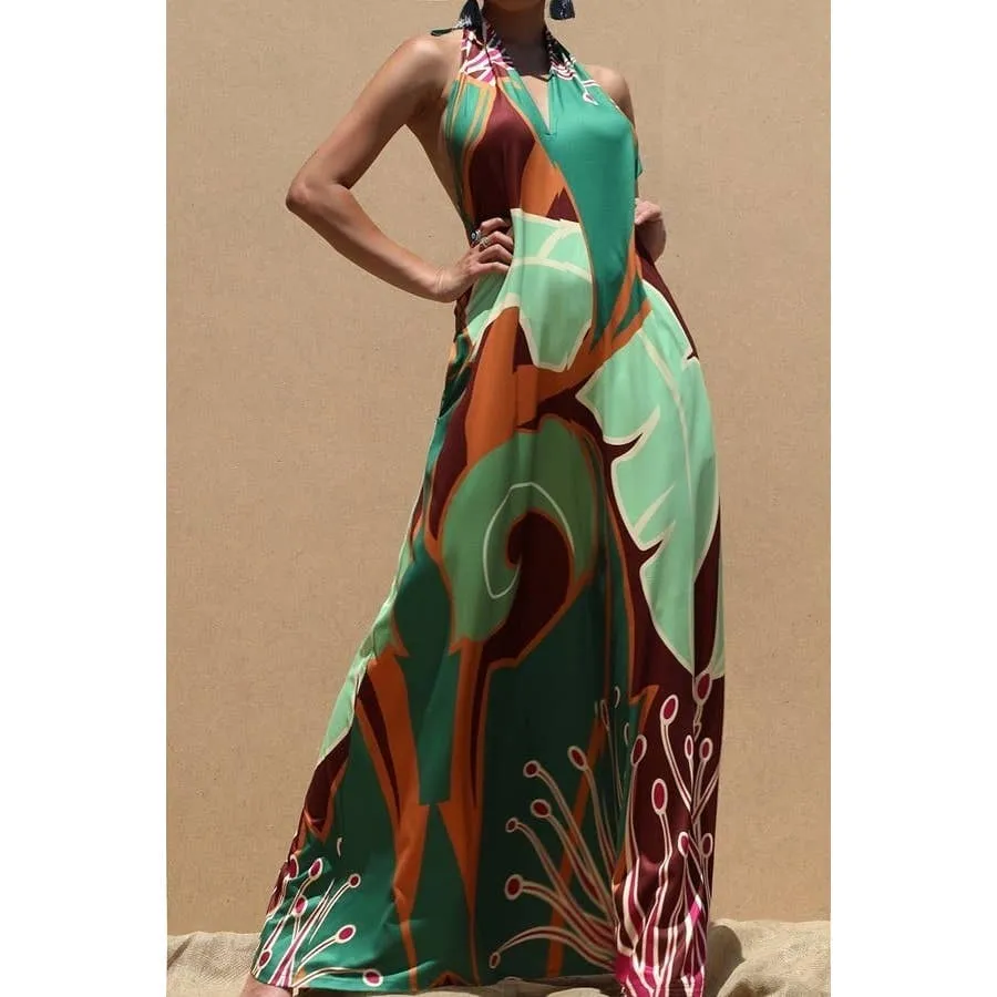 PRINTED HALTER KNIT MAXI DRESS