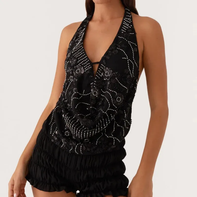 Printed Hollow Out Glitter Halter Vest