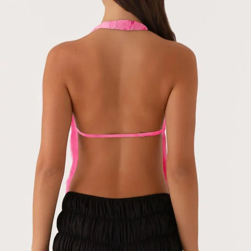 Printed Hollow Out Glitter Halter Vest