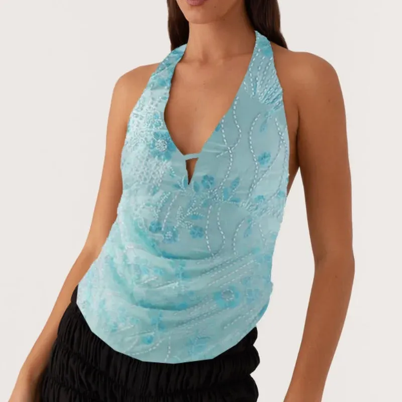 Printed Hollow Out Glitter Halter Vest