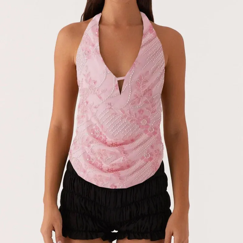 Printed Hollow Out Glitter Halter Vest