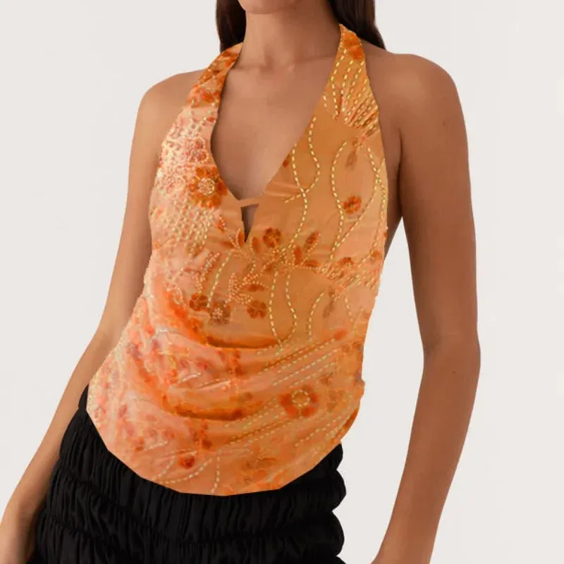 Printed Hollow Out Glitter Halter Vest