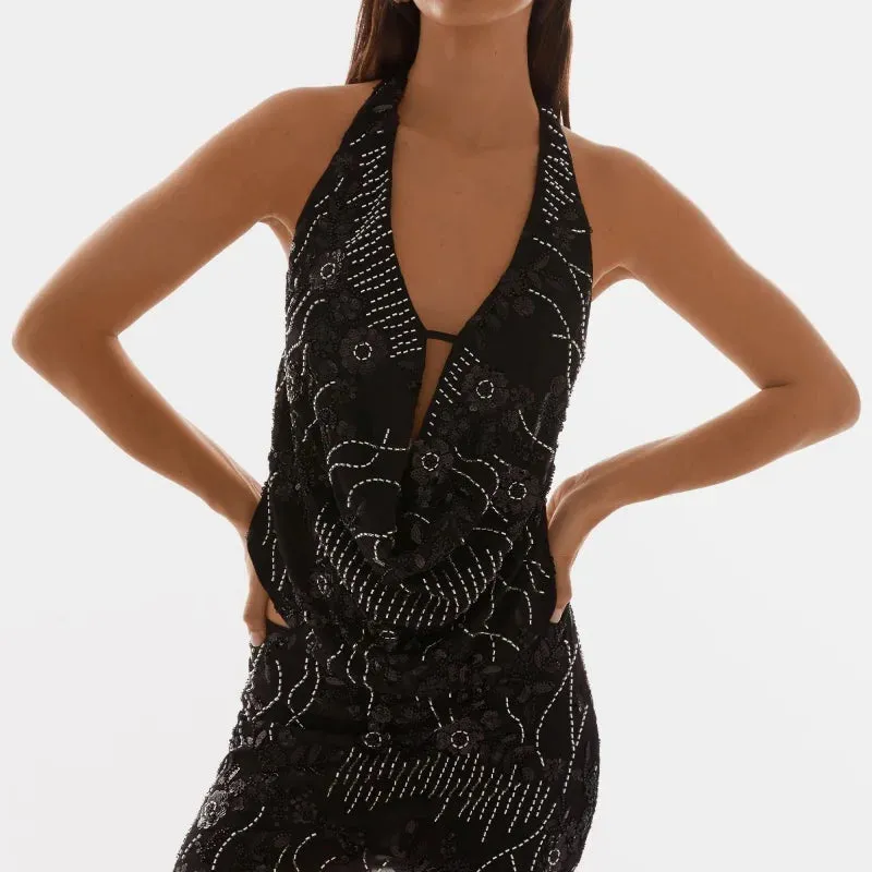 Printed Hollow Out Glitter Halter Vest
