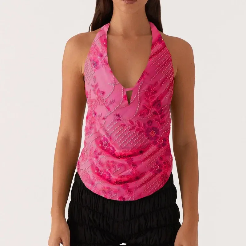 Printed Hollow Out Glitter Halter Vest