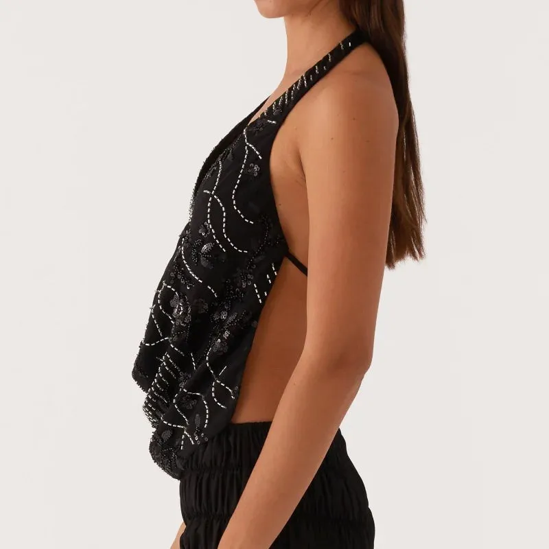 Printed Hollow Out Glitter Halter Vest