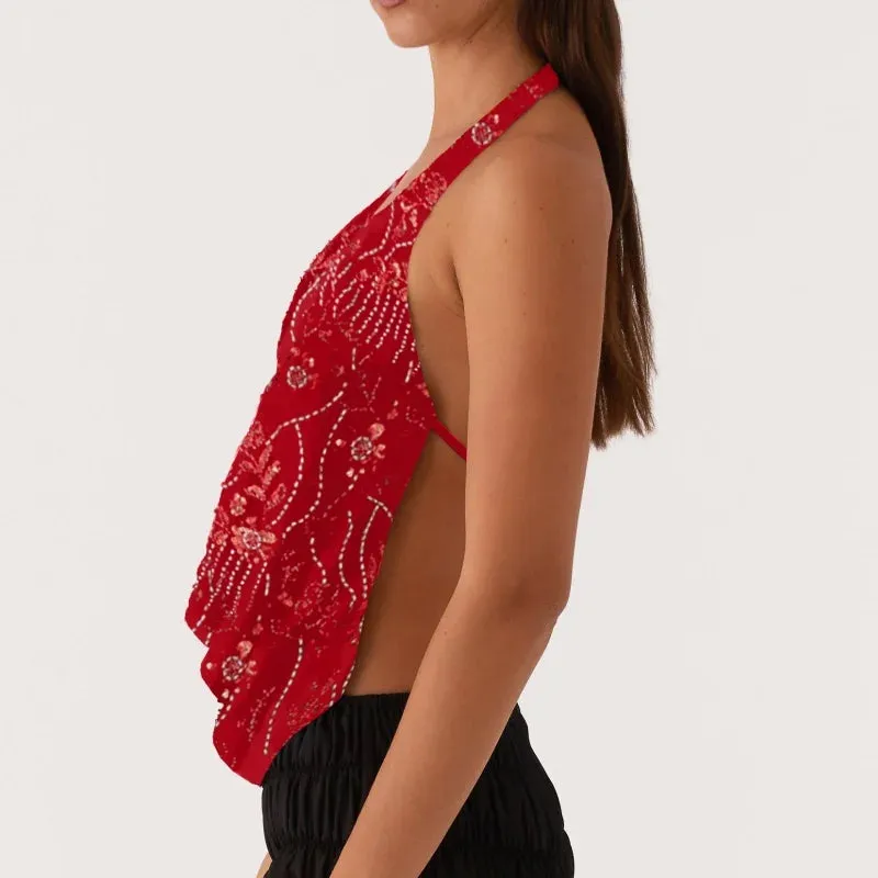 Printed Hollow Out Glitter Halter Vest