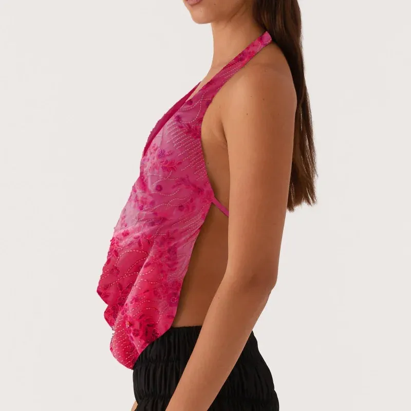 Printed Hollow Out Glitter Halter Vest