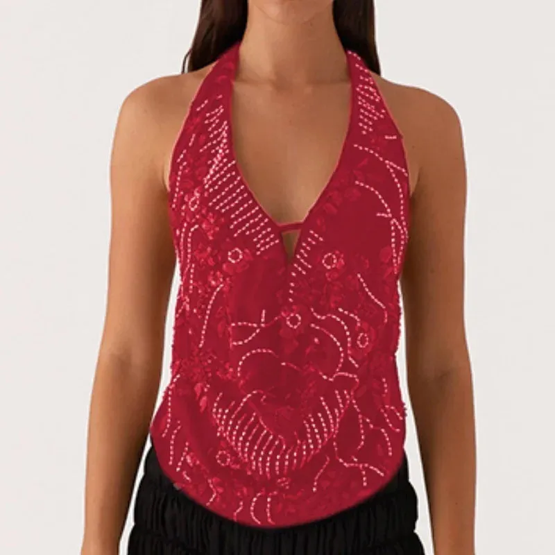 Printed Hollow Out Glitter Halter Vest