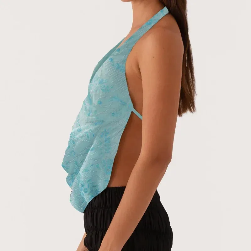 Printed Hollow Out Glitter Halter Vest
