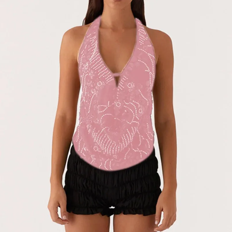 Printed Hollow Out Glitter Halter Vest