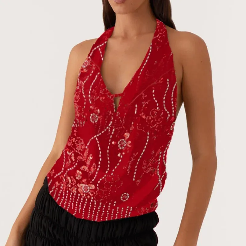 Printed Hollow Out Glitter Halter Vest
