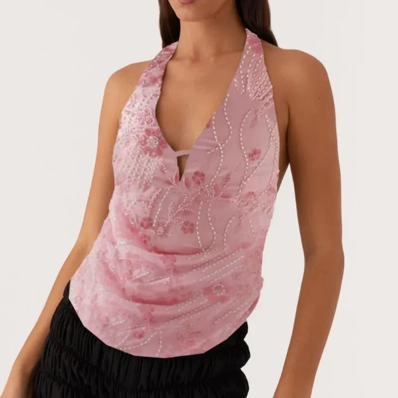 Printed Hollow Out Glitter Halter Vest