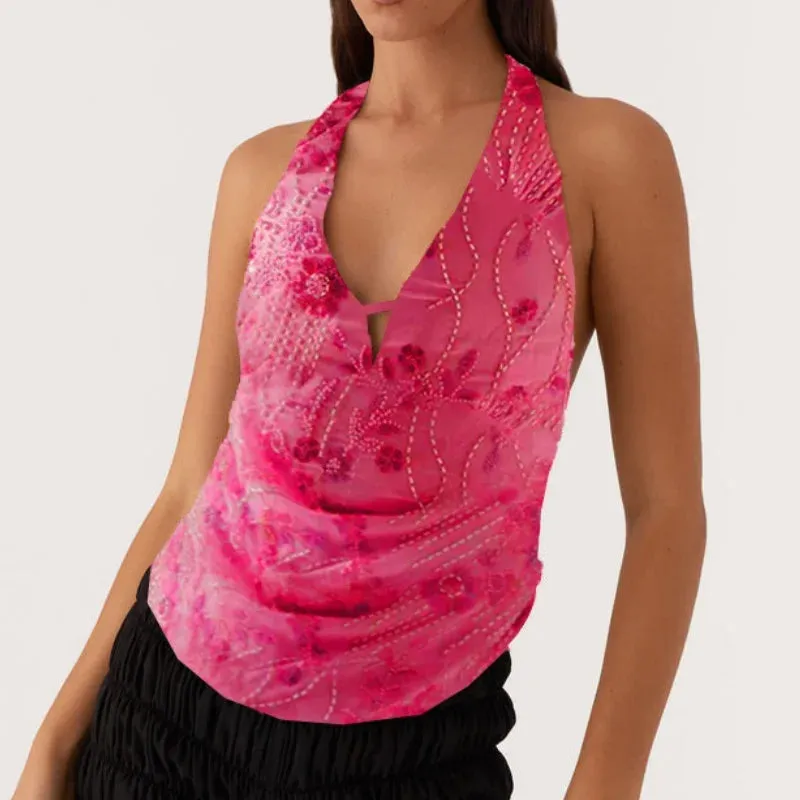 Printed Hollow Out Glitter Halter Vest