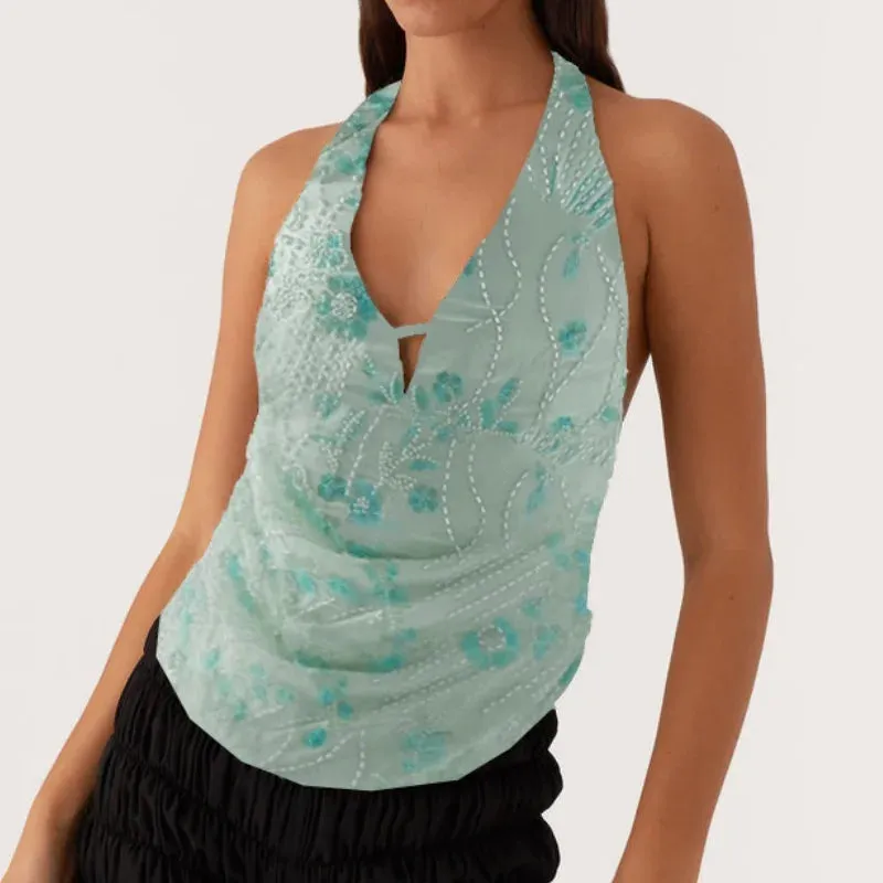 Printed Hollow Out Glitter Halter Vest