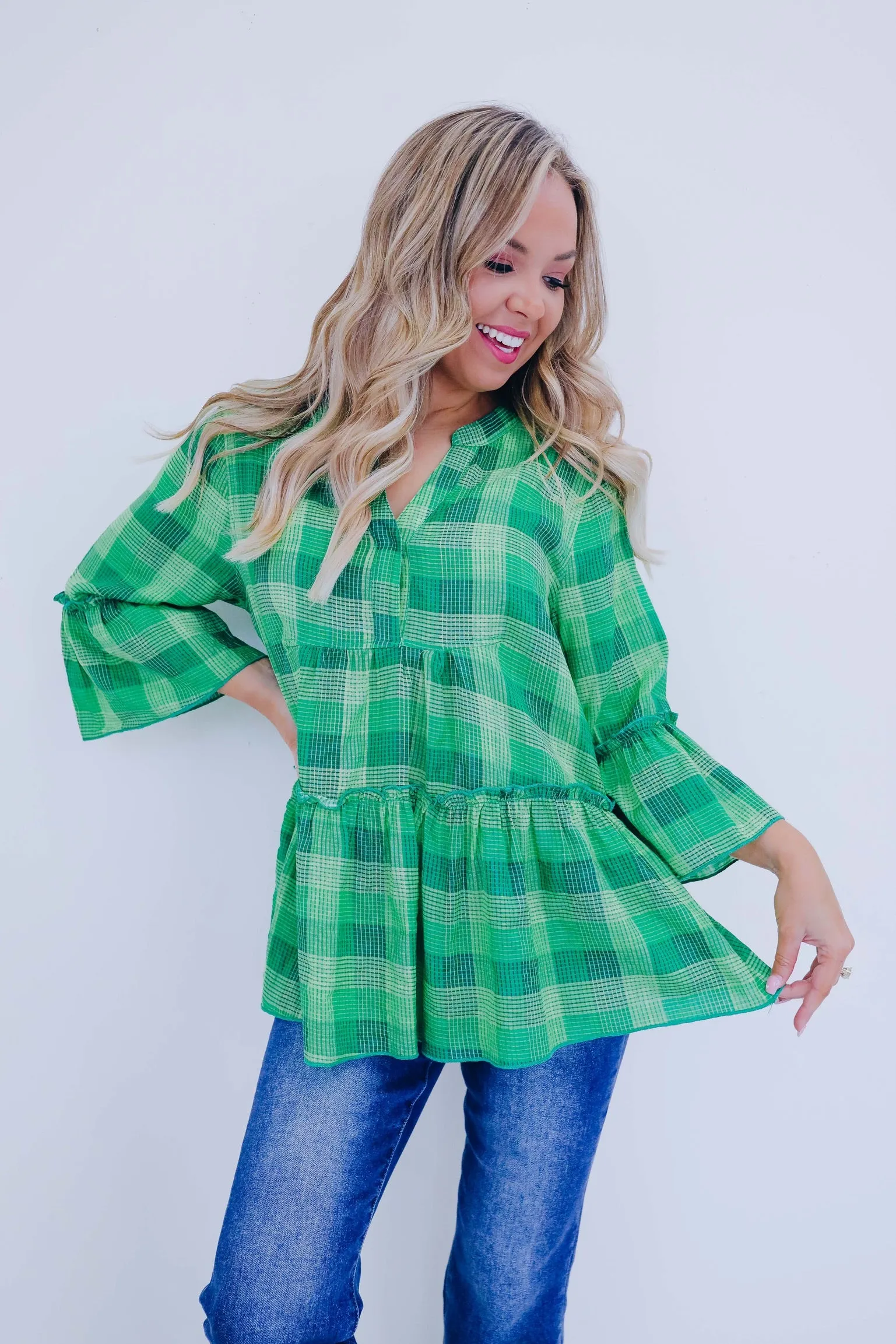 Prissy In Plaid Peplum Top - Green Multi