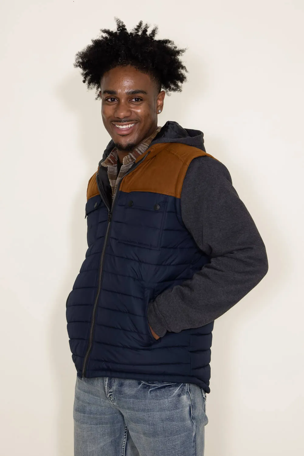 Puffer Vest Knit Hood Jacket for Men in Navy | 2VT6418M-TRUENAVY