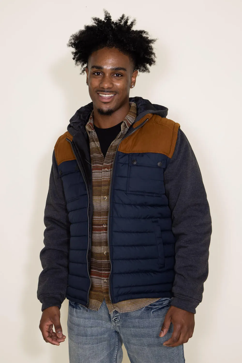Puffer Vest Knit Hood Jacket for Men in Navy | 2VT6418M-TRUENAVY