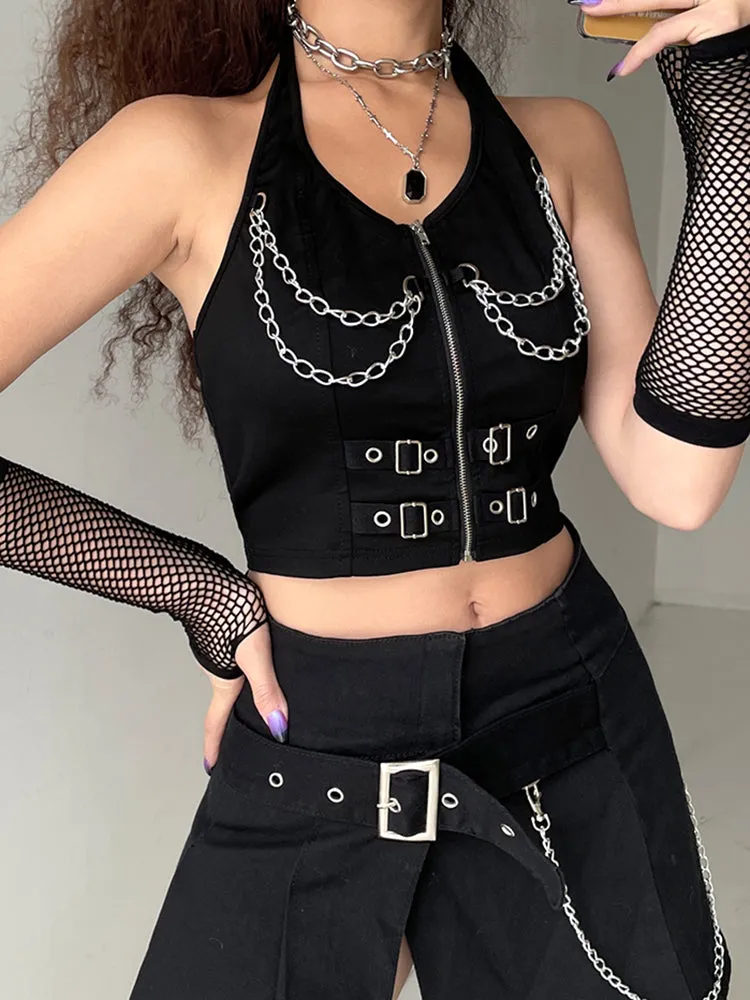 Punk Halter Crop Top Women Chain Bandage Tank Tops Streetwear