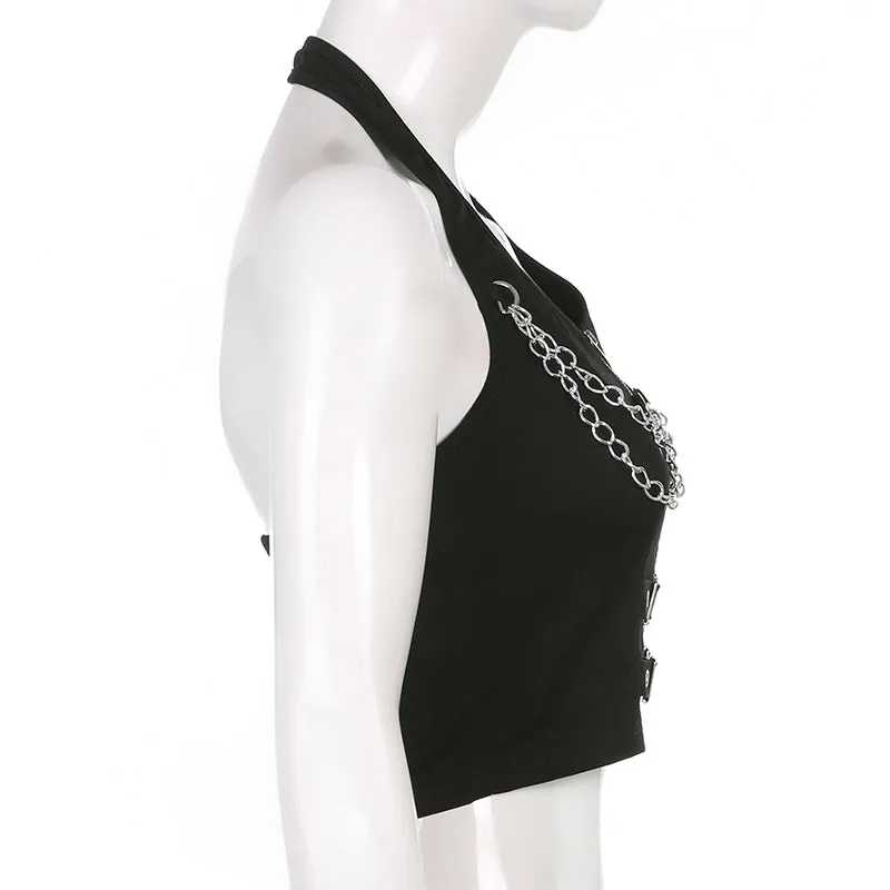 Punk Halter Crop Top Women Chain Bandage Tank Tops Streetwear