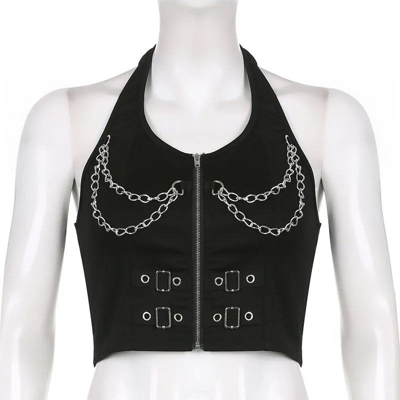 Punk Halter Crop Top Women Chain Bandage Tank Tops Streetwear