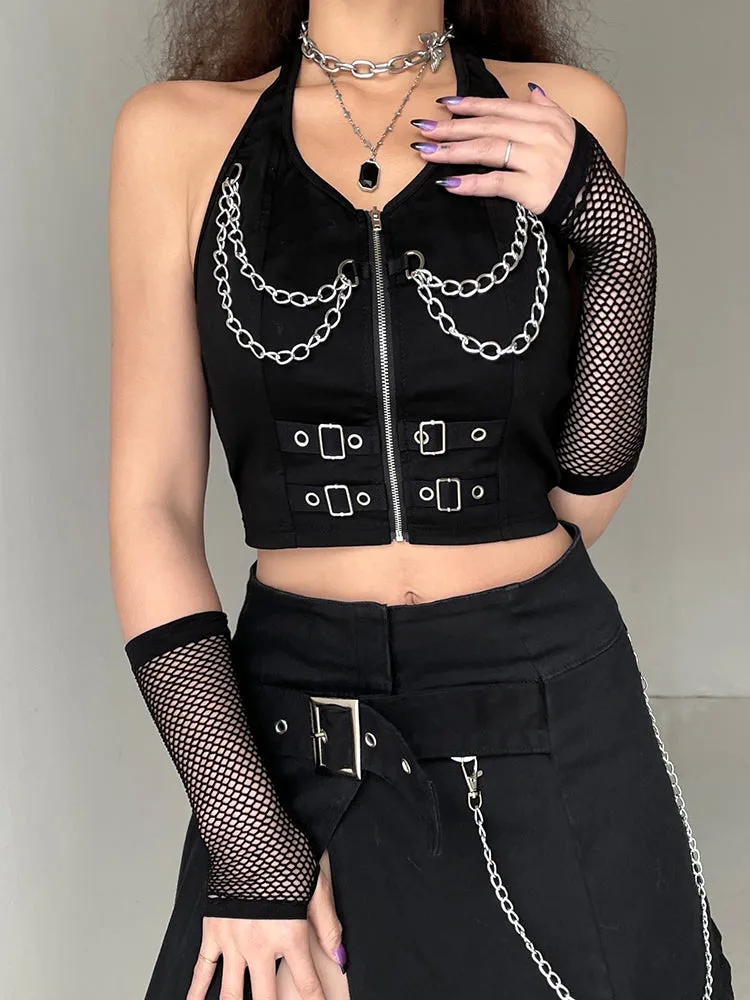 Punk Halter Crop Top Women Chain Bandage Tank Tops Streetwear