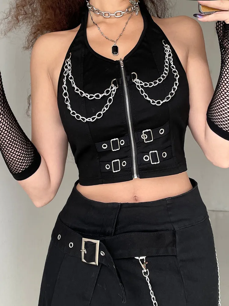 Punk Halter Crop Top Women Chain Bandage Tank Tops Streetwear