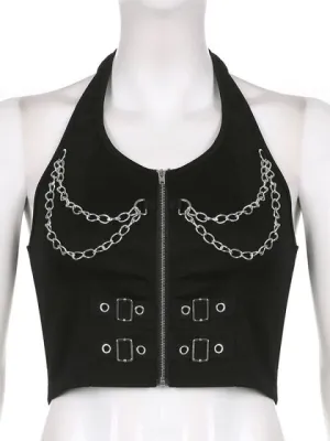 Punk Halter Crop Top Women Chain Bandage Tank Tops Streetwear