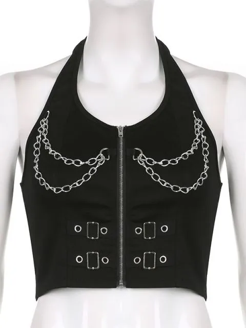 Punk Halter Crop Top Women Chain Bandage Tank Tops Streetwear